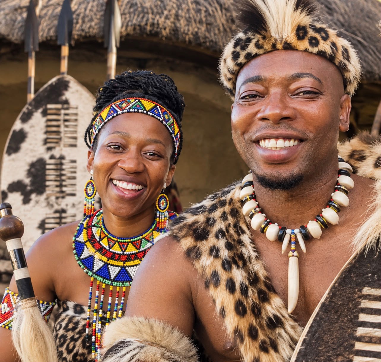 Talent and Mondli wearing traditional Zulu attire